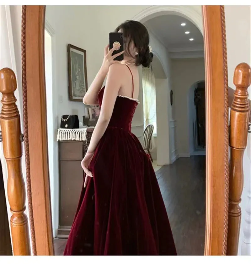 Spaghetti Straps Burgundy Velvet Prom Dress Simple Wedding Party Dress Long