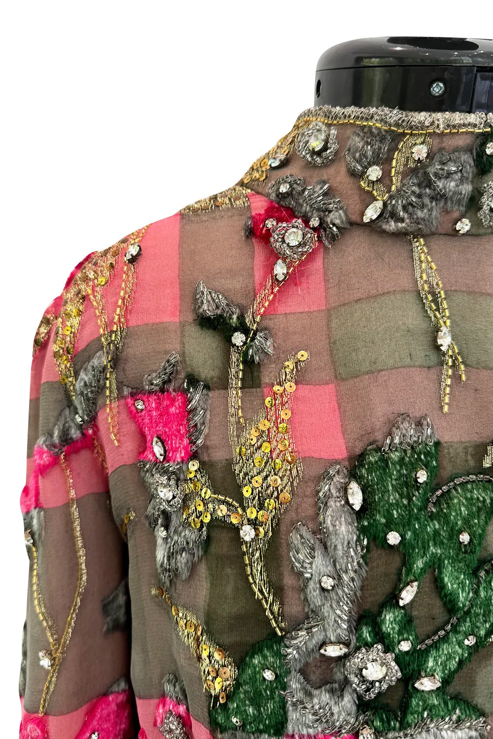 Spectacular 1960s George Halley Couture Pink & Gold Silk Chiffon Dress w Rhinestone & Velvet