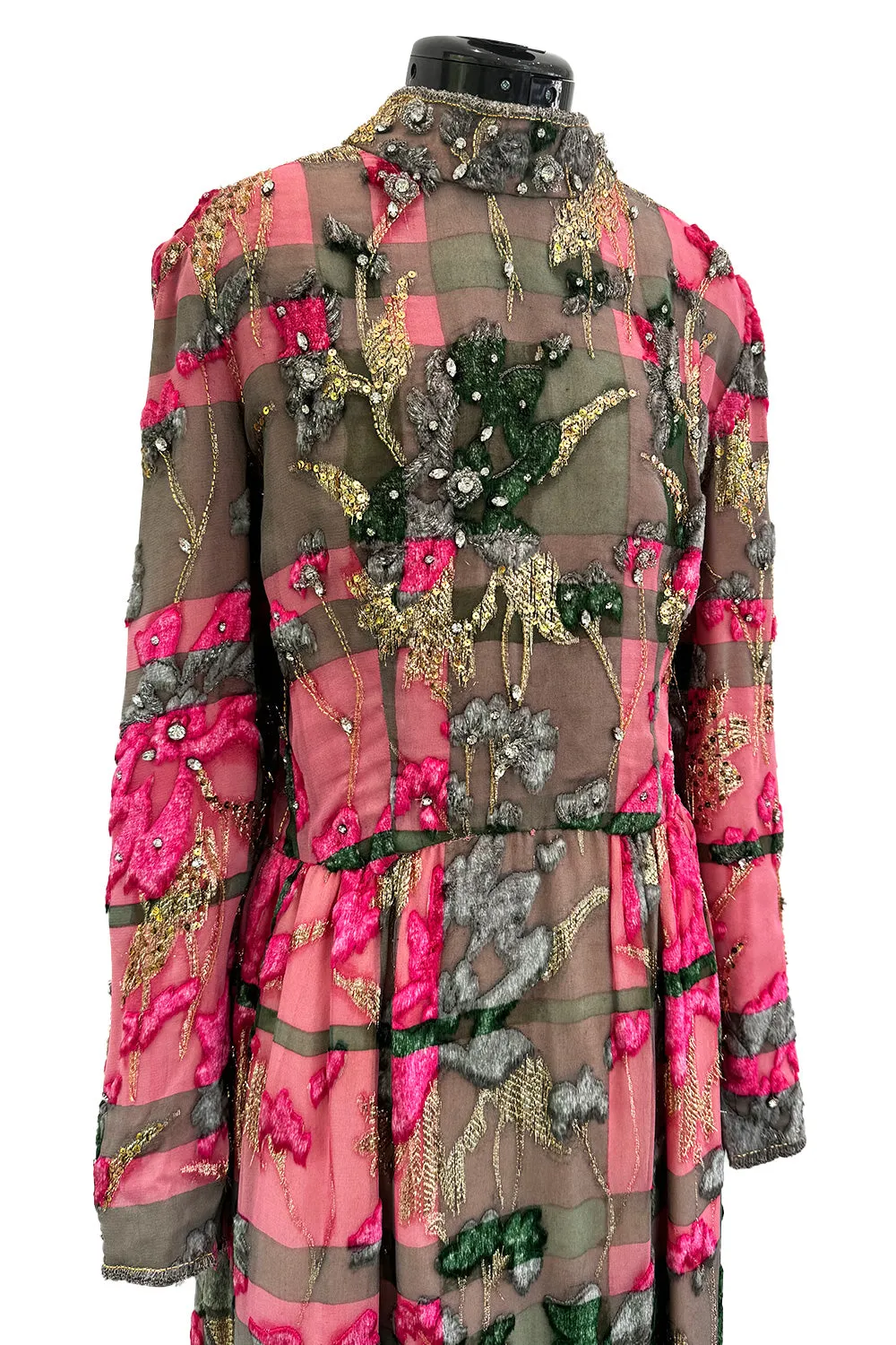 Spectacular 1960s George Halley Couture Pink & Gold Silk Chiffon Dress w Rhinestone & Velvet