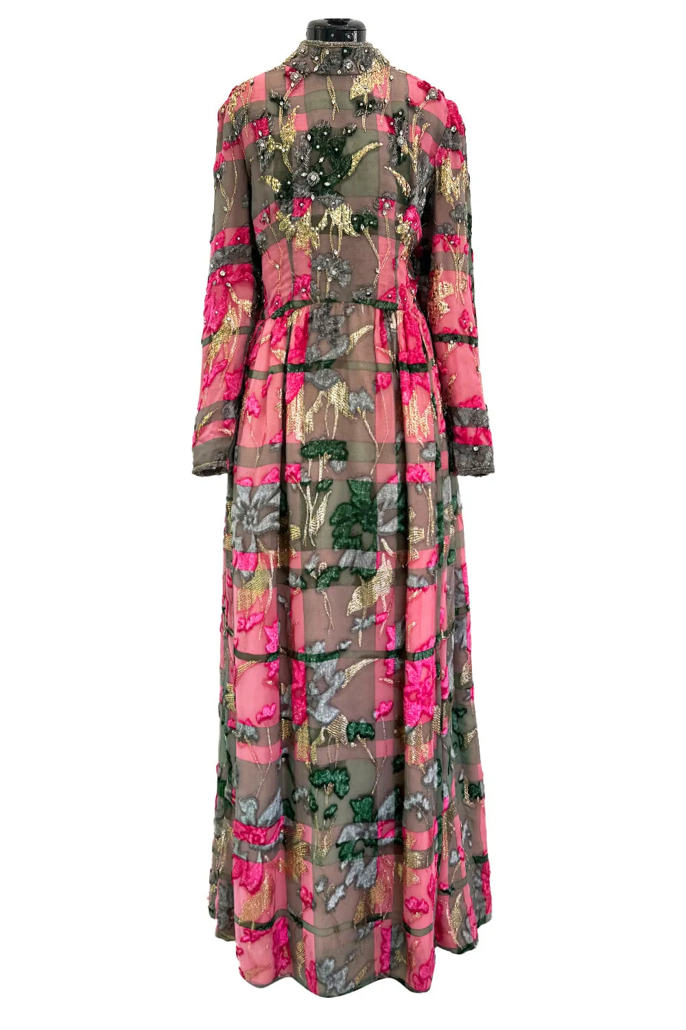 Spectacular 1960s George Halley Couture Pink & Gold Silk Chiffon Dress w Rhinestone & Velvet