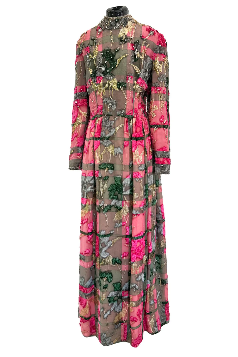 Spectacular 1960s George Halley Couture Pink & Gold Silk Chiffon Dress w Rhinestone & Velvet