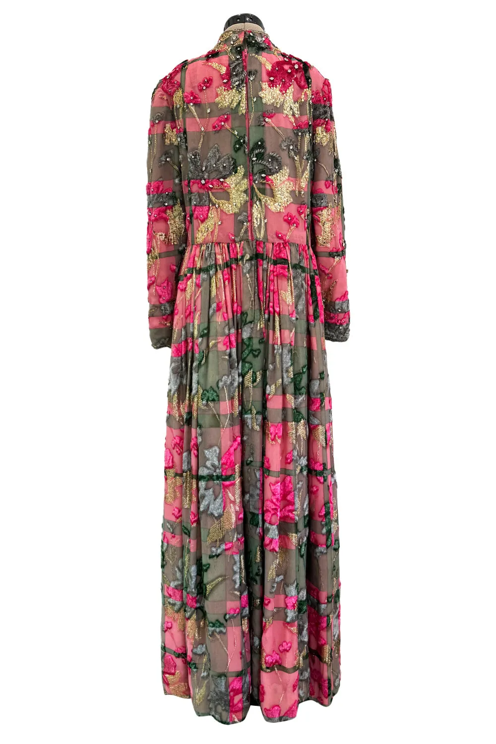 Spectacular 1960s George Halley Couture Pink & Gold Silk Chiffon Dress w Rhinestone & Velvet