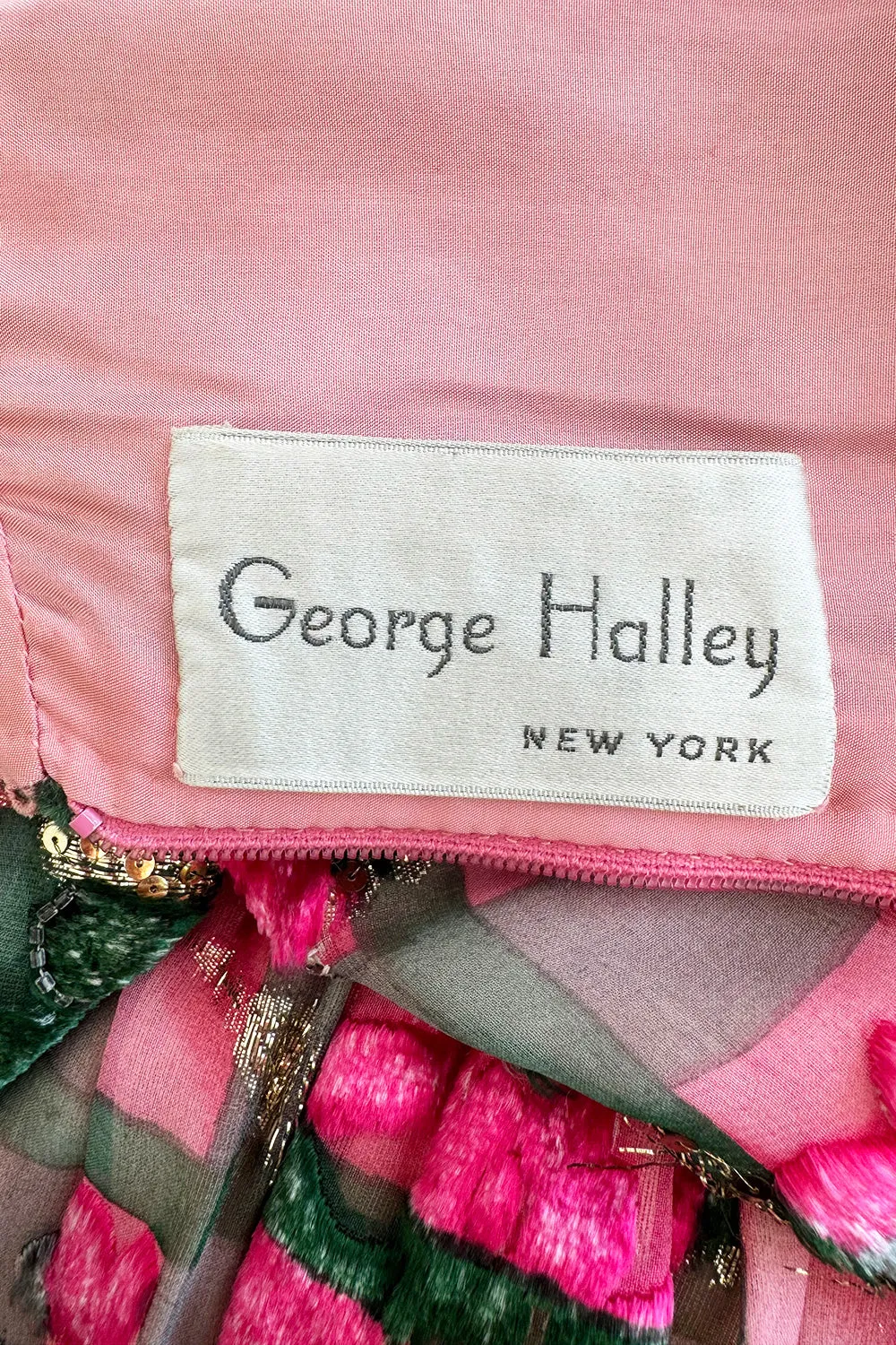 Spectacular 1960s George Halley Couture Pink & Gold Silk Chiffon Dress w Rhinestone & Velvet