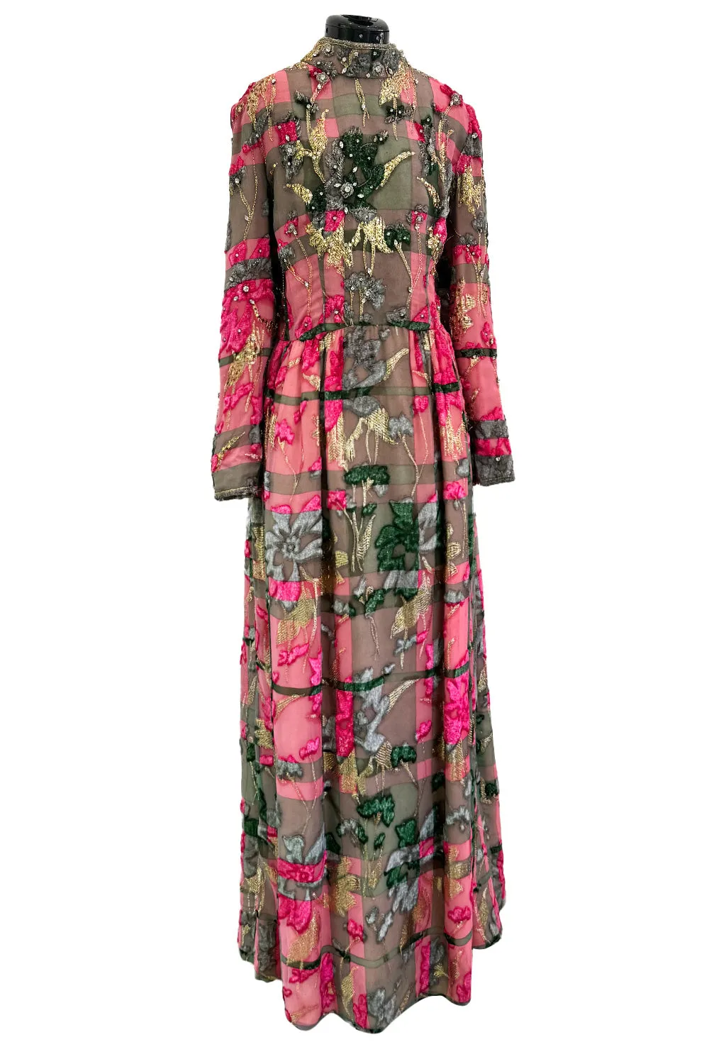 Spectacular 1960s George Halley Couture Pink & Gold Silk Chiffon Dress w Rhinestone & Velvet