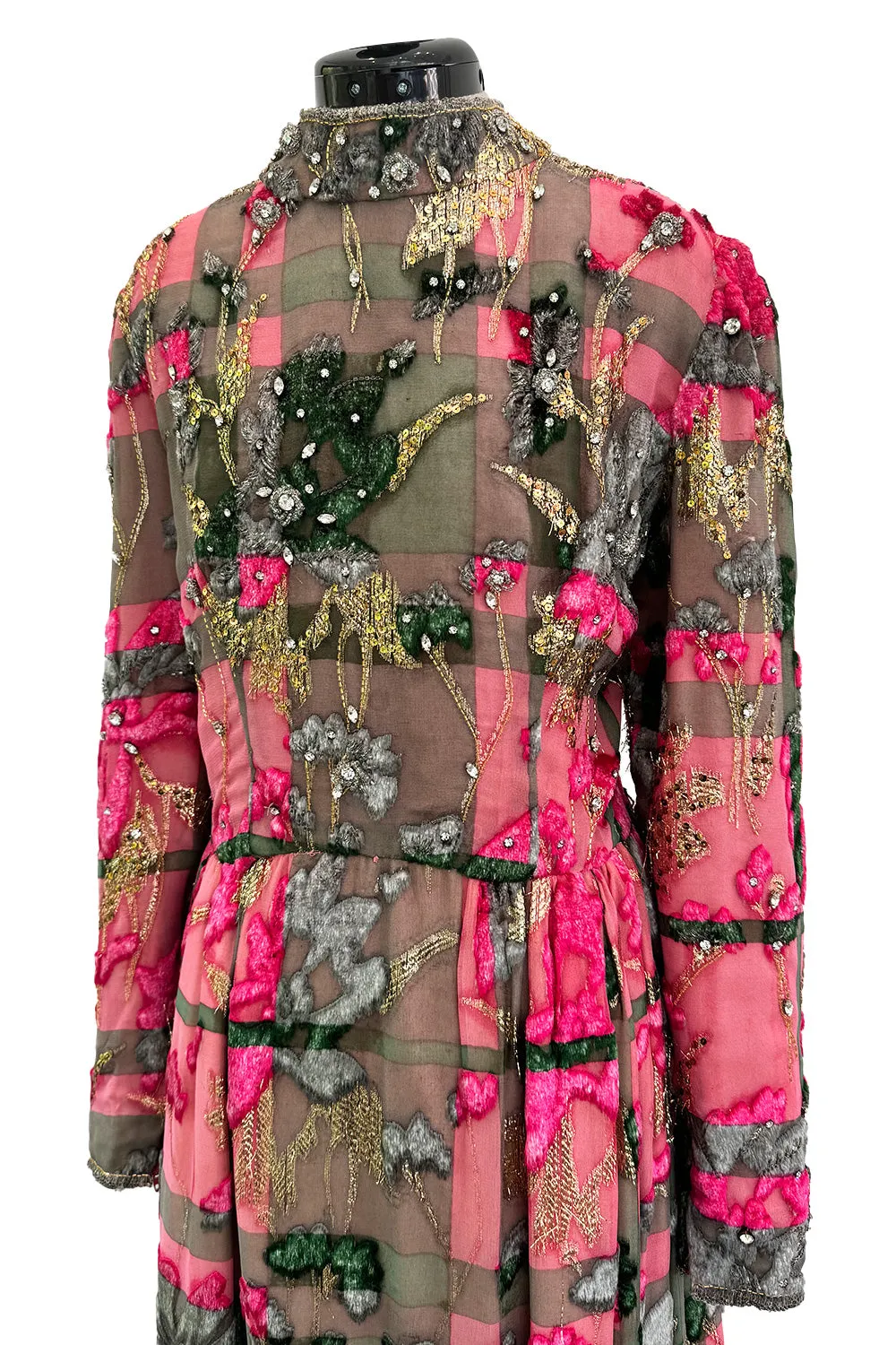 Spectacular 1960s George Halley Couture Pink & Gold Silk Chiffon Dress w Rhinestone & Velvet