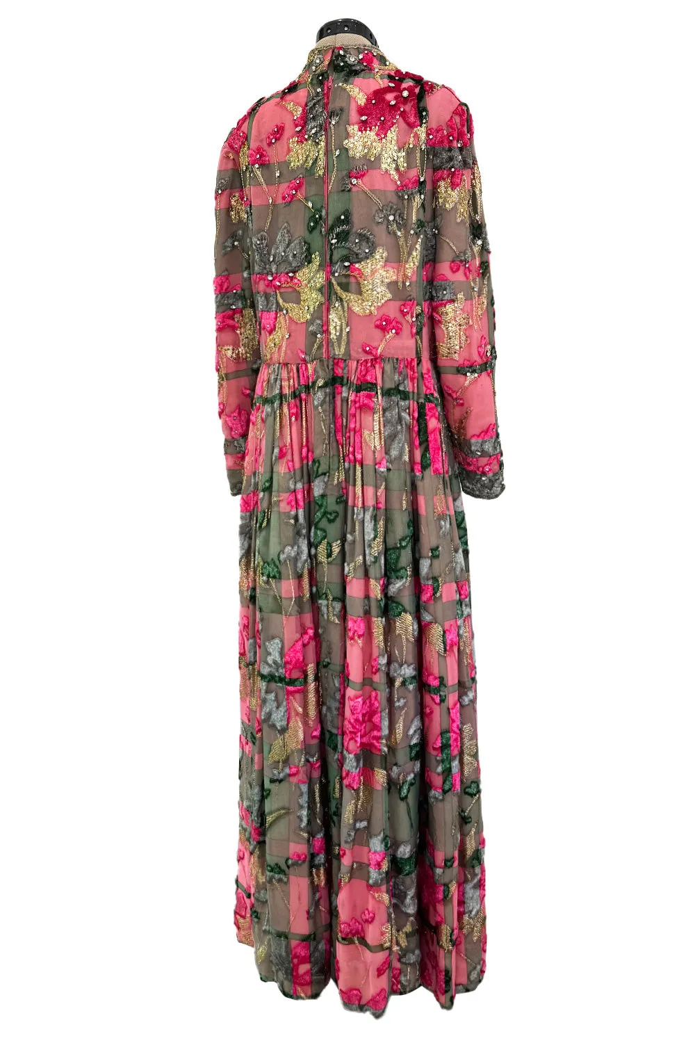 Spectacular 1960s George Halley Couture Pink & Gold Silk Chiffon Dress w Rhinestone & Velvet