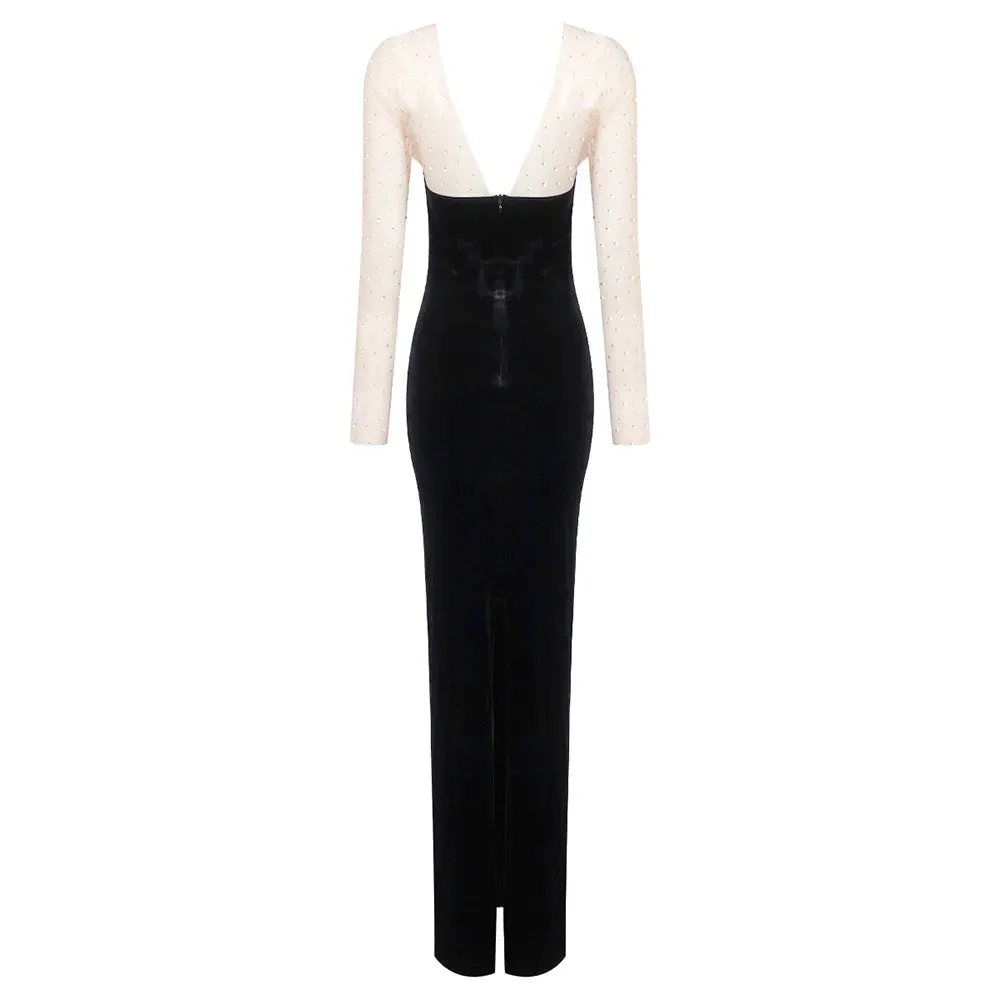 Trend4us Elegant Velvet Gown with Crystal-Embellished Sleeves