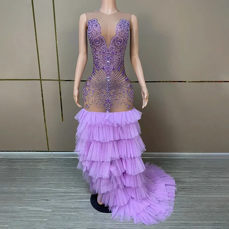 Trend4us Women's Luxury Crystal Tulle Mermaid Gown