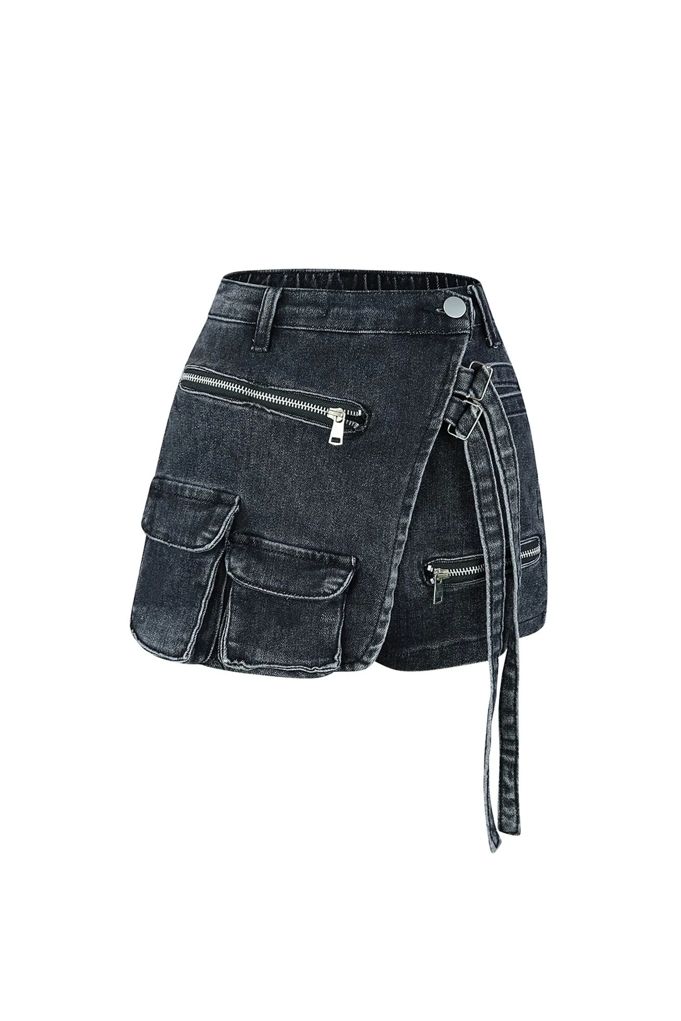 Trendy Half Wrap Pocket Black Denim Shorts