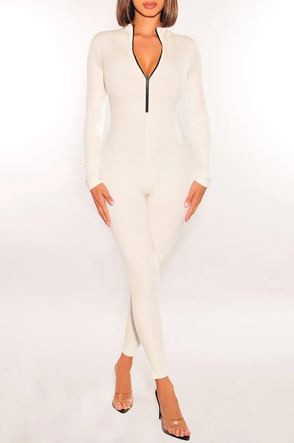 White Ribbed Zipper Long Sleeve Jumpsuit