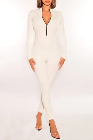 White Ribbed Zipper Long Sleeve Jumpsuit