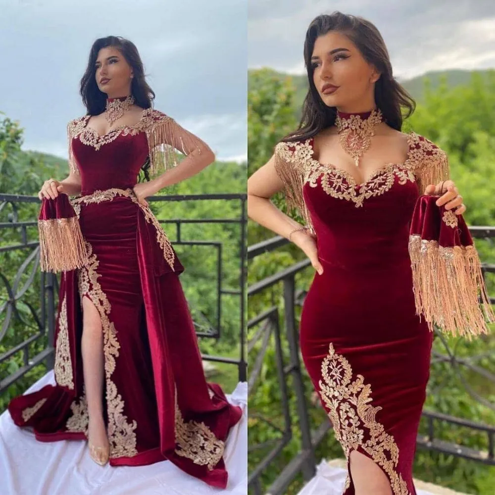 Wine Red Evening Dresses Long Gold Floral Appliques Velvet Split Formal Dress