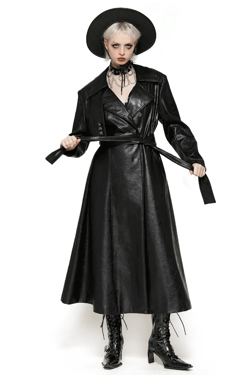 Women's Long Black Faux Leather Trench Coat with Belt