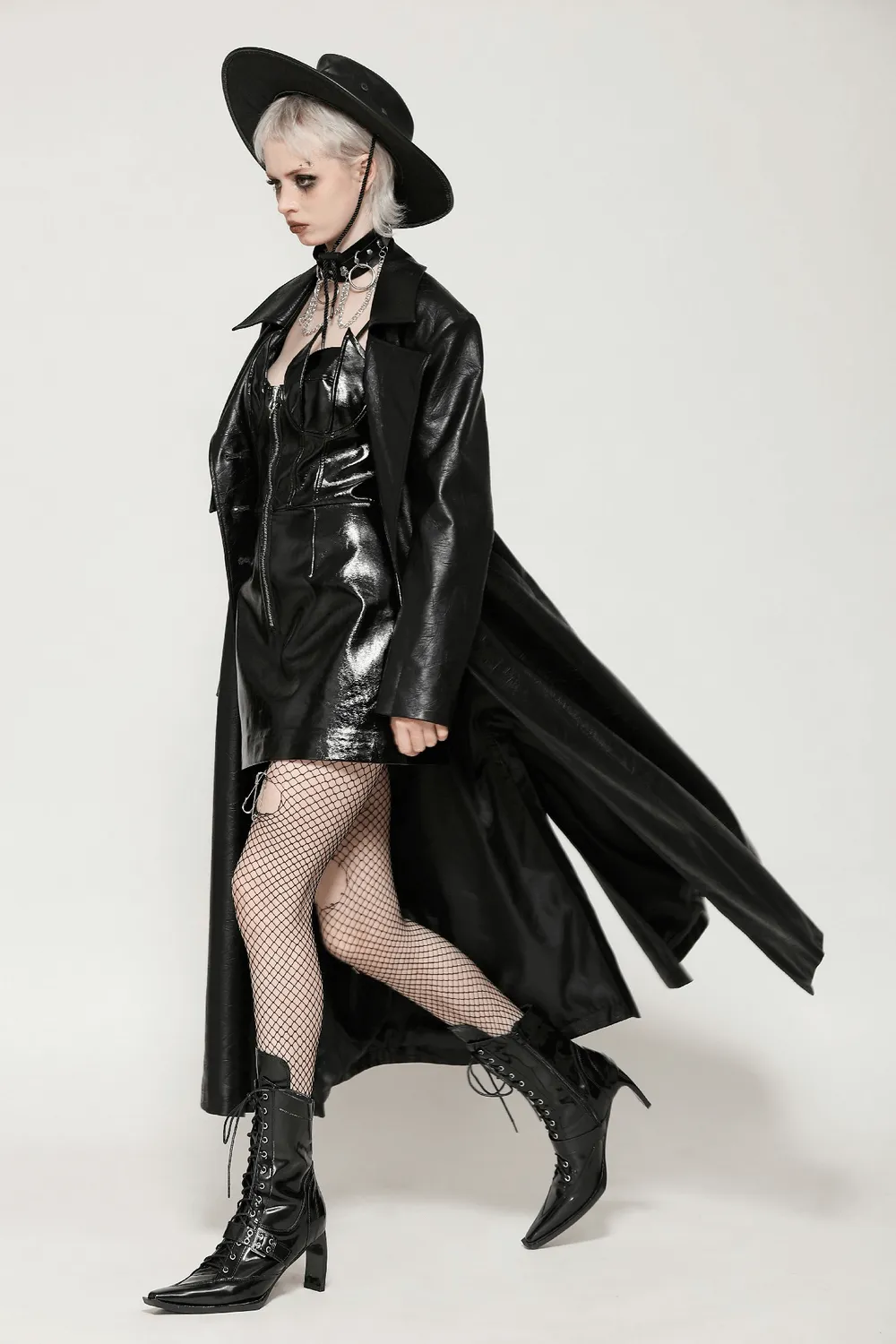 Women's Long Black Faux Leather Trench Coat with Belt