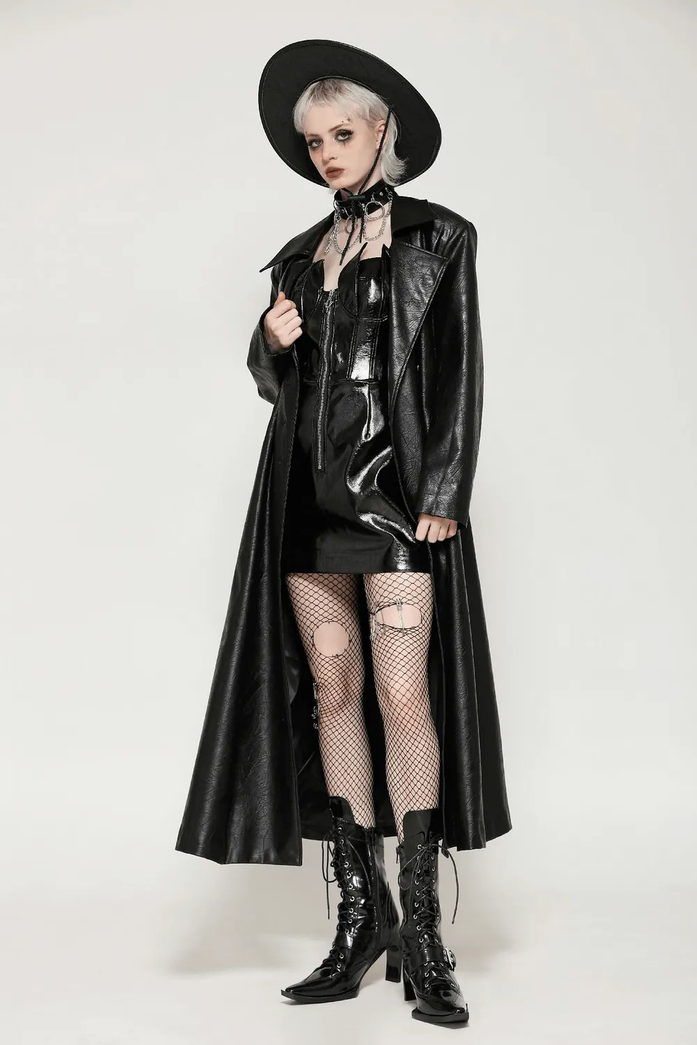 Women's Long Black Faux Leather Trench Coat with Belt