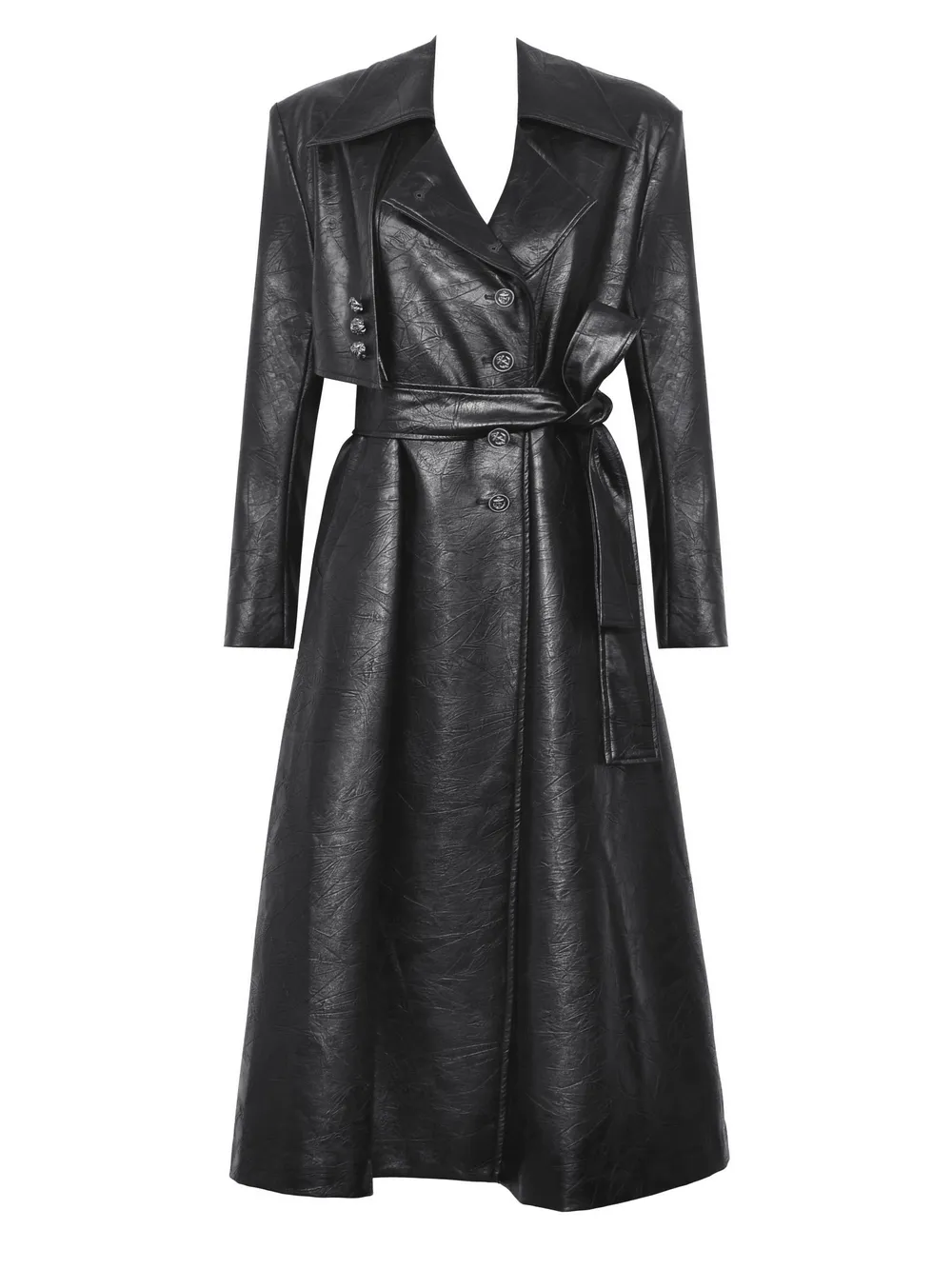 Women's Long Black Faux Leather Trench Coat with Belt