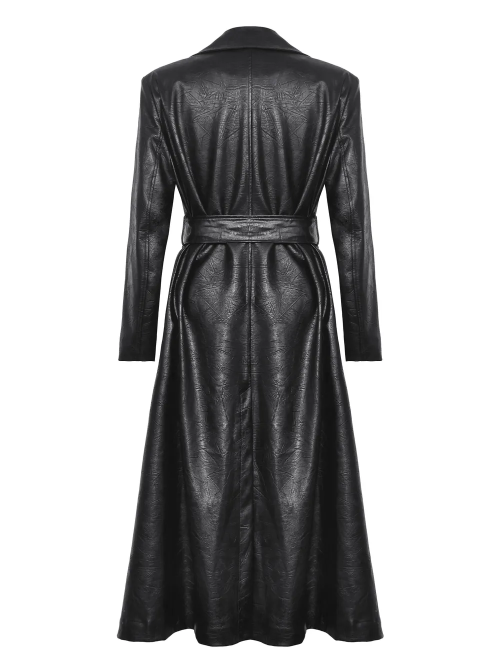 Women's Long Black Faux Leather Trench Coat with Belt