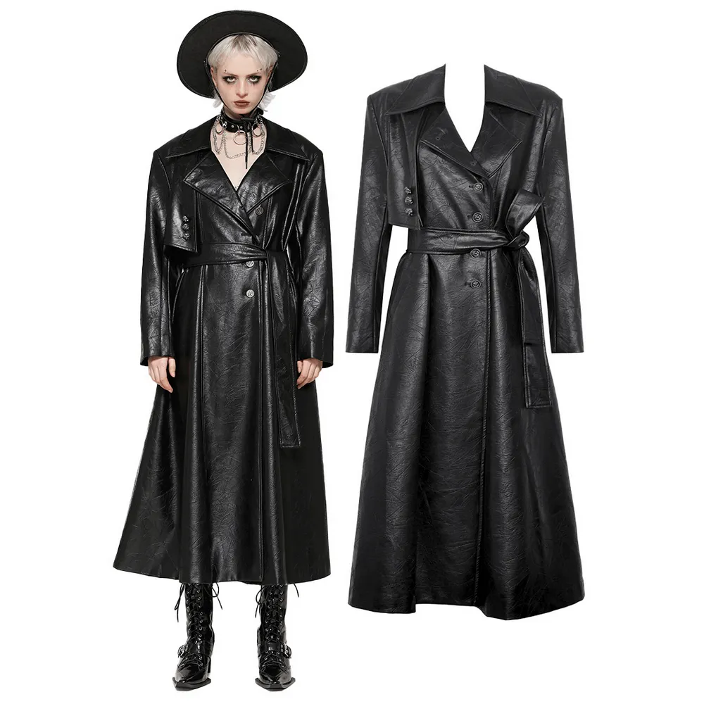 Women's Long Black Faux Leather Trench Coat with Belt