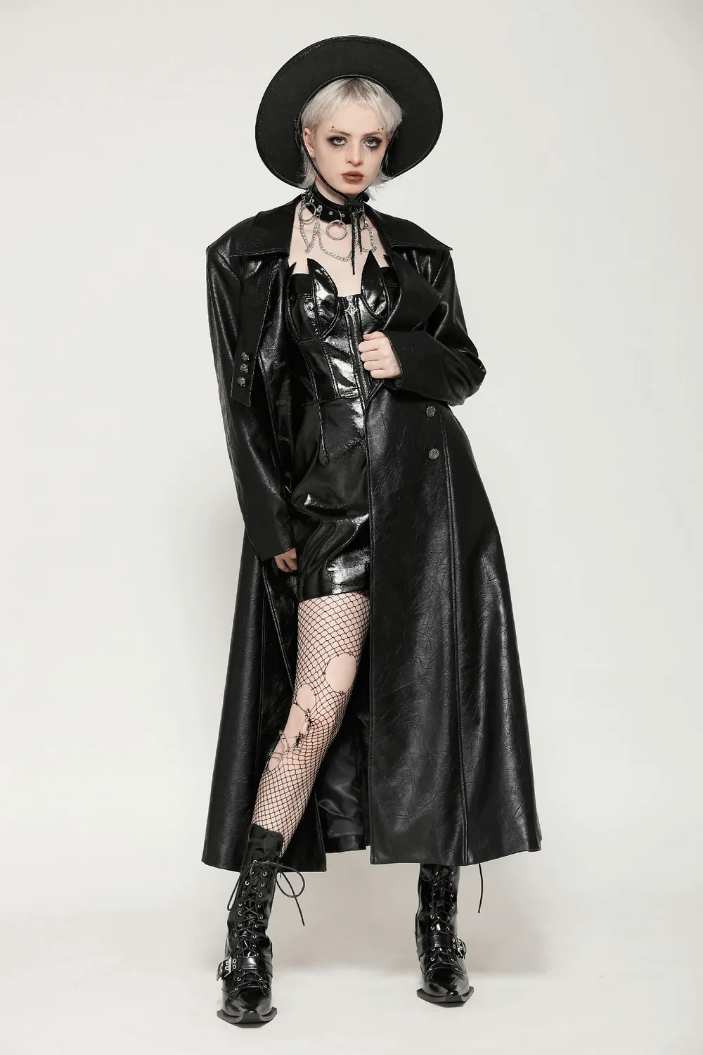 Women's Long Black Faux Leather Trench Coat with Belt