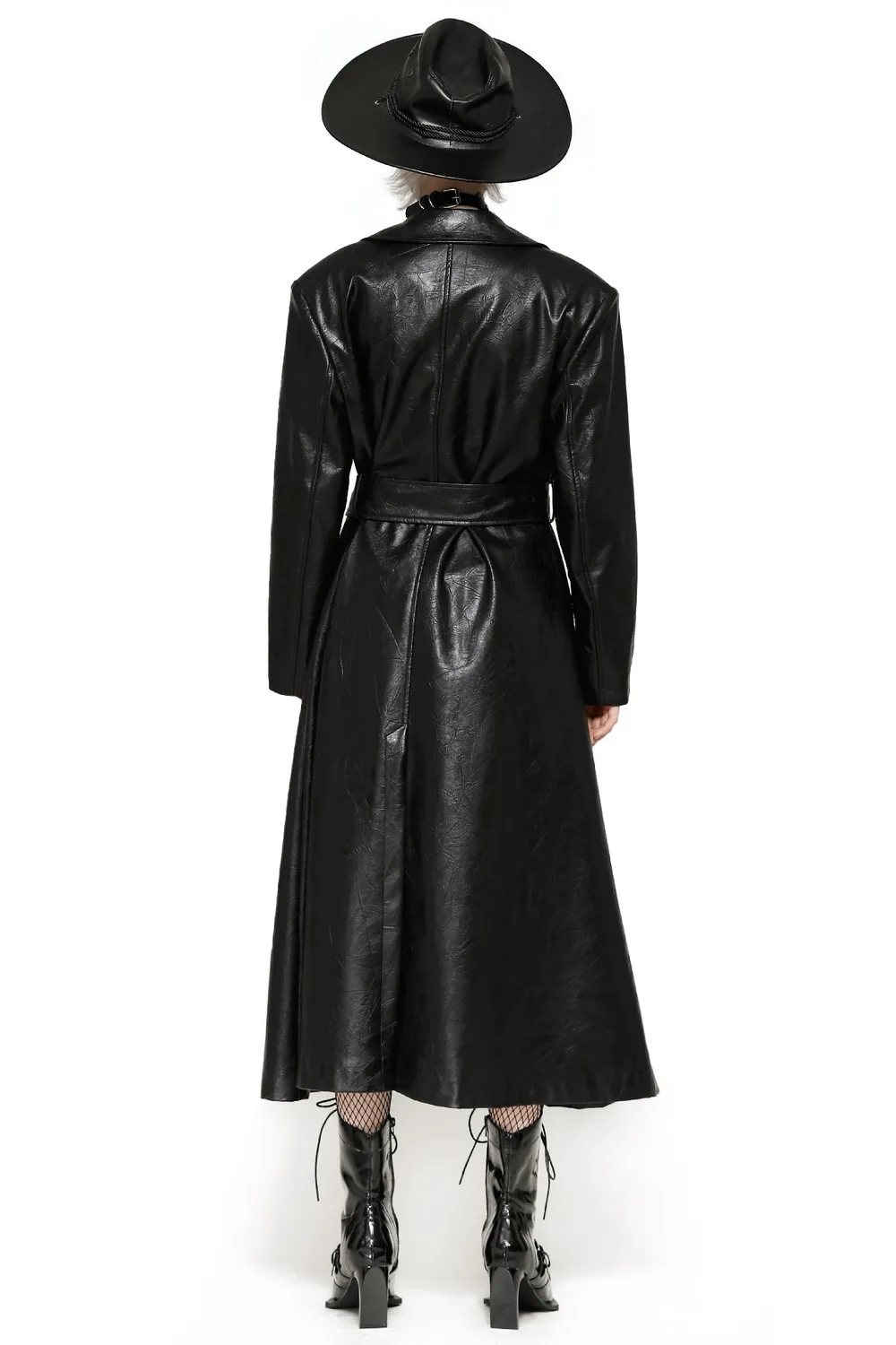 Women's Long Black Faux Leather Trench Coat with Belt