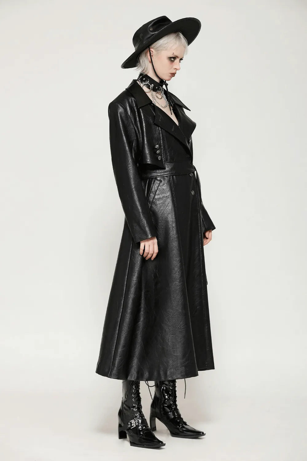 Women's Long Black Faux Leather Trench Coat with Belt